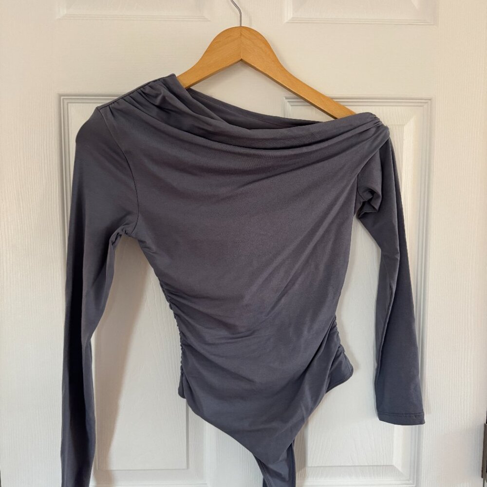 Abercrombie & Fitch Blue Draped Asymmetrical Long Sleeve Thong Bodysuit XXS - Picture 4 of 8